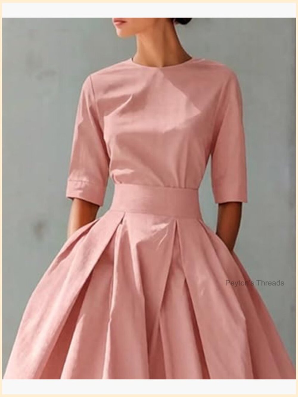 Pleated Cocktail Dress 1950s 3/4 Sleeve Round Neck A-Line Swing Maxi Dress - Picture 4 of 6